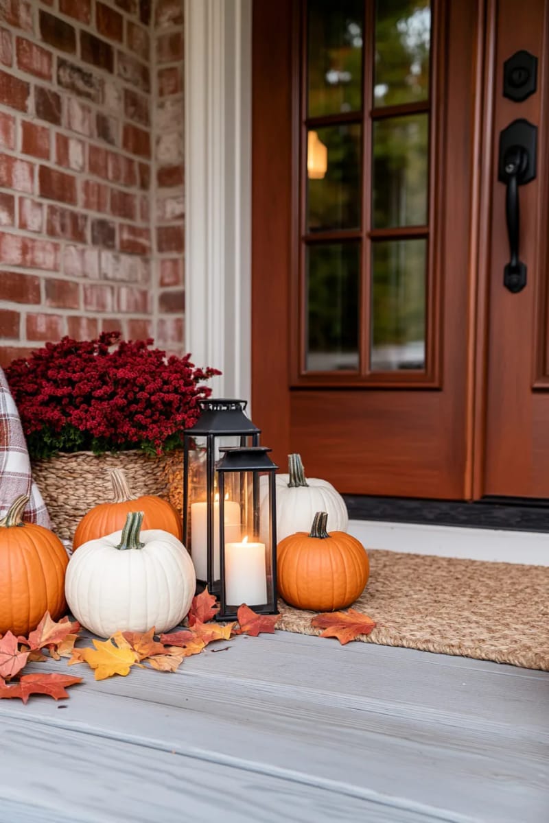 pumpkin cluster with battery candles for a cozy front porch scene 1