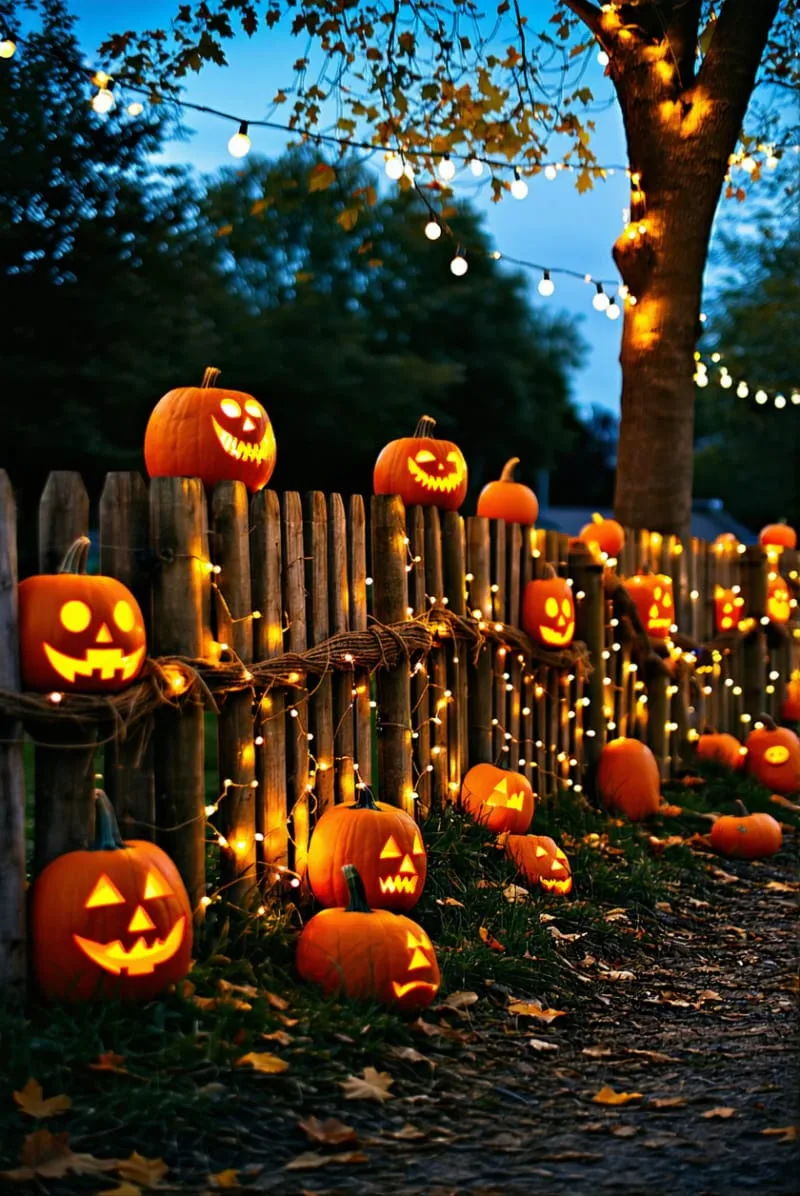 21 Unique Outdoor Halloween Decorations to Try This Year 52 pumpkin patch fence with carved faces and twinkle lights 1