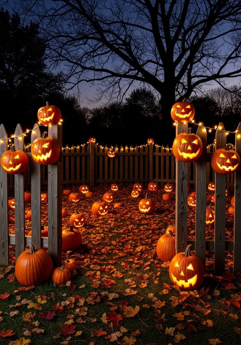 21 Unique Outdoor Halloween Decorations to Try This Year 57 pumpkin patch fence with carved faces and twinkle lights 1