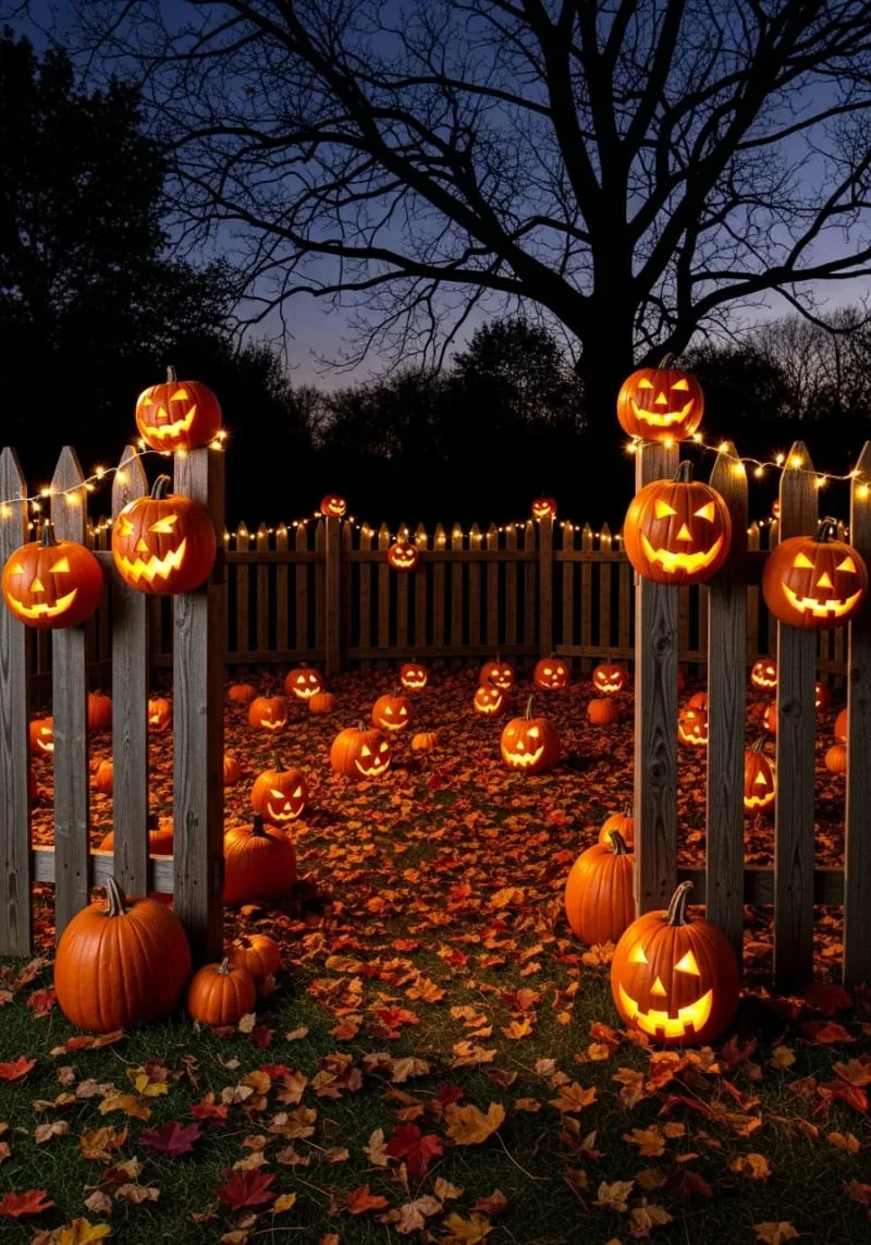 21 Unique Outdoor Halloween Decorations to Try This Year 56 pumpkin patch fence with carved faces and twinkle lights 1