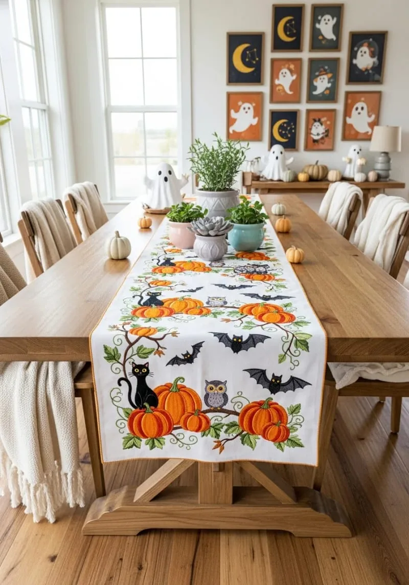 pumpkin patch table runner with embroidered critters 1