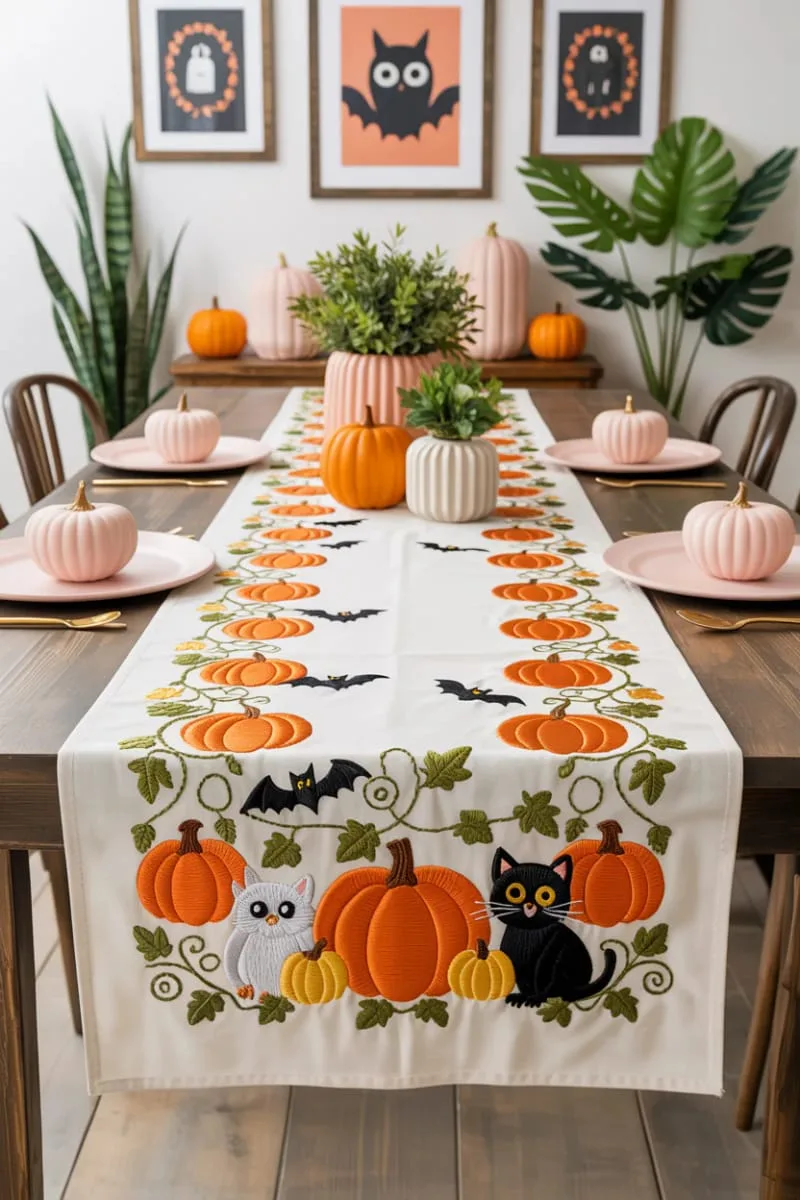 pumpkin patch table runner with embroidered critters 1