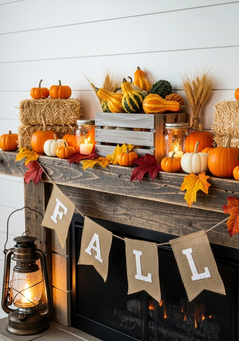 21 Unique Fall Mantle Decor Ideas That Designers Love Right Now 36 pumpkin patch theme with burlap banner and mini hay bales 1