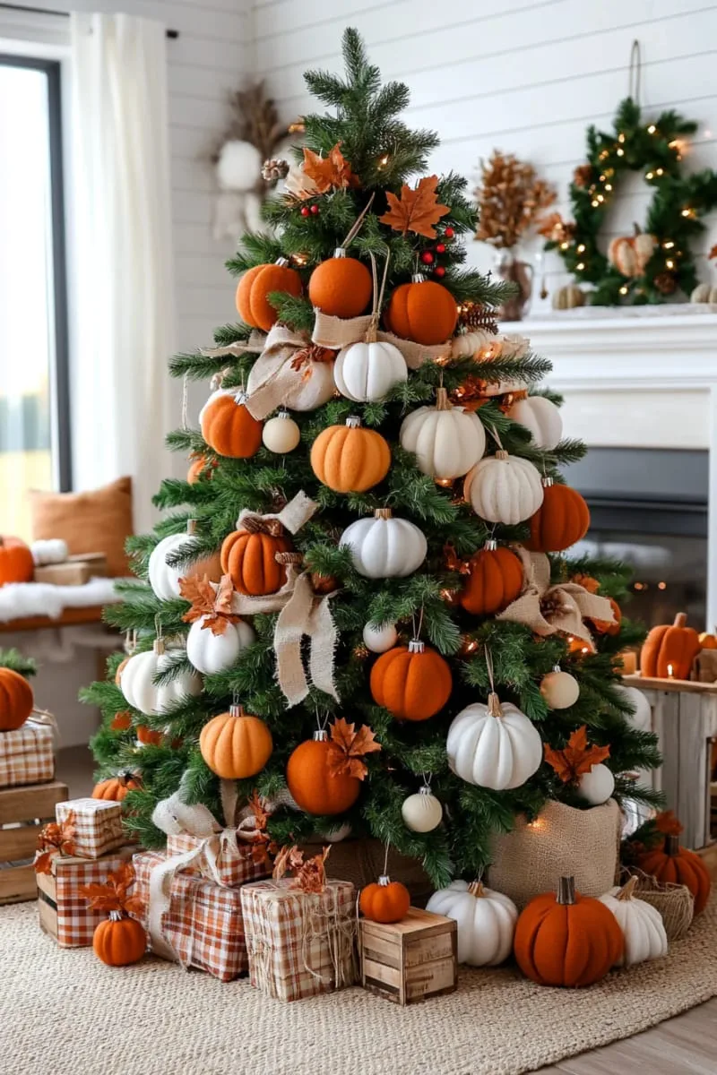 pumpkin patch themed tree with felt pumpkins and burlap bows 1