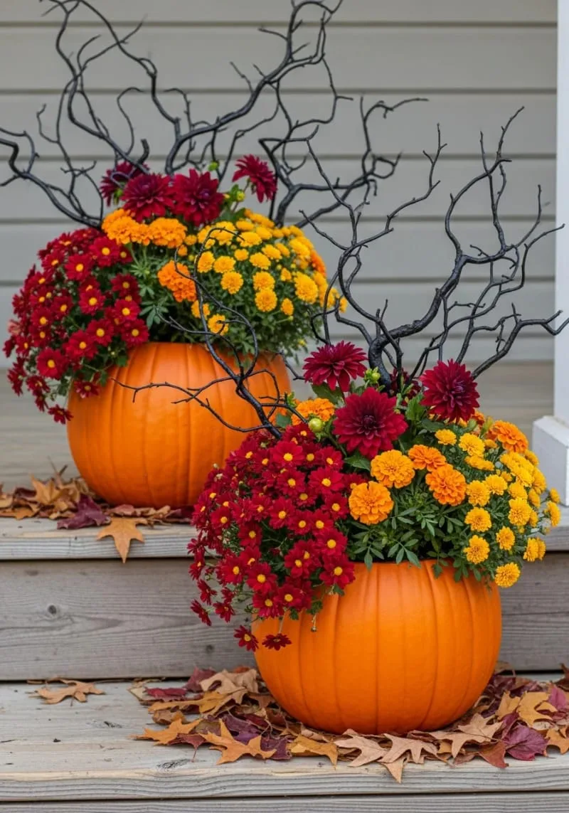 pumpkin planters overflowing with cascading autumn florals and black branches 1