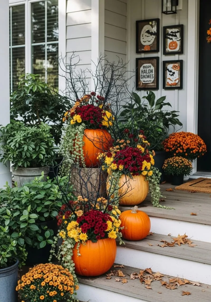 pumpkin planters overflowing with cascading autumn florals and black branches 1