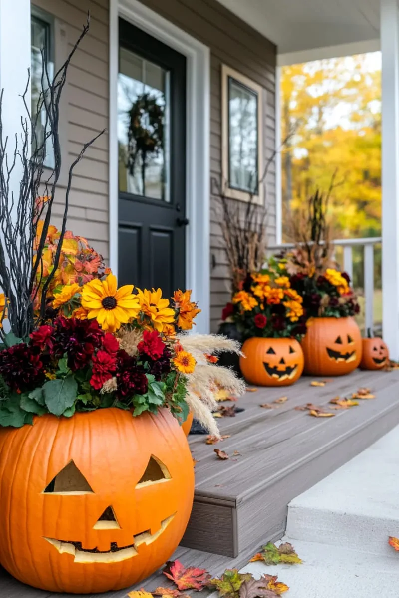 pumpkin planters overflowing with cascading autumn florals and black branches 1