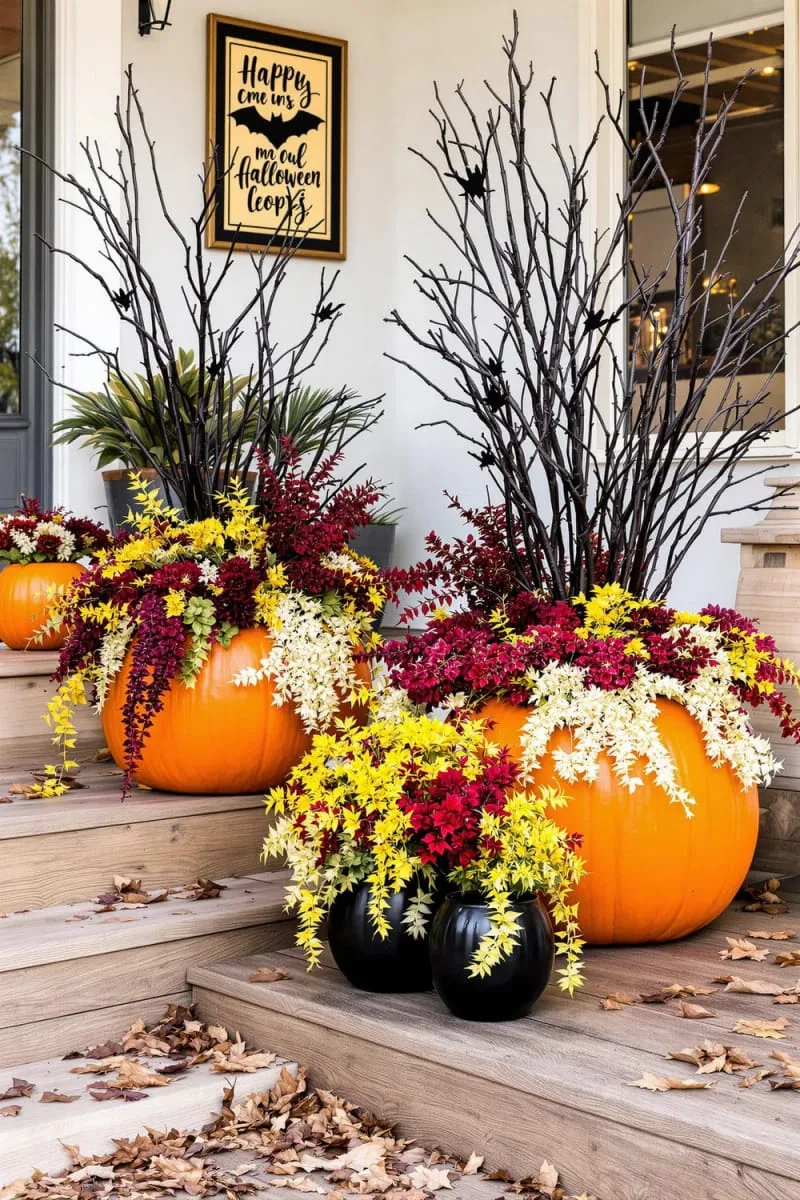 pumpkin planters overflowing with cascading autumn florals and black branches 1