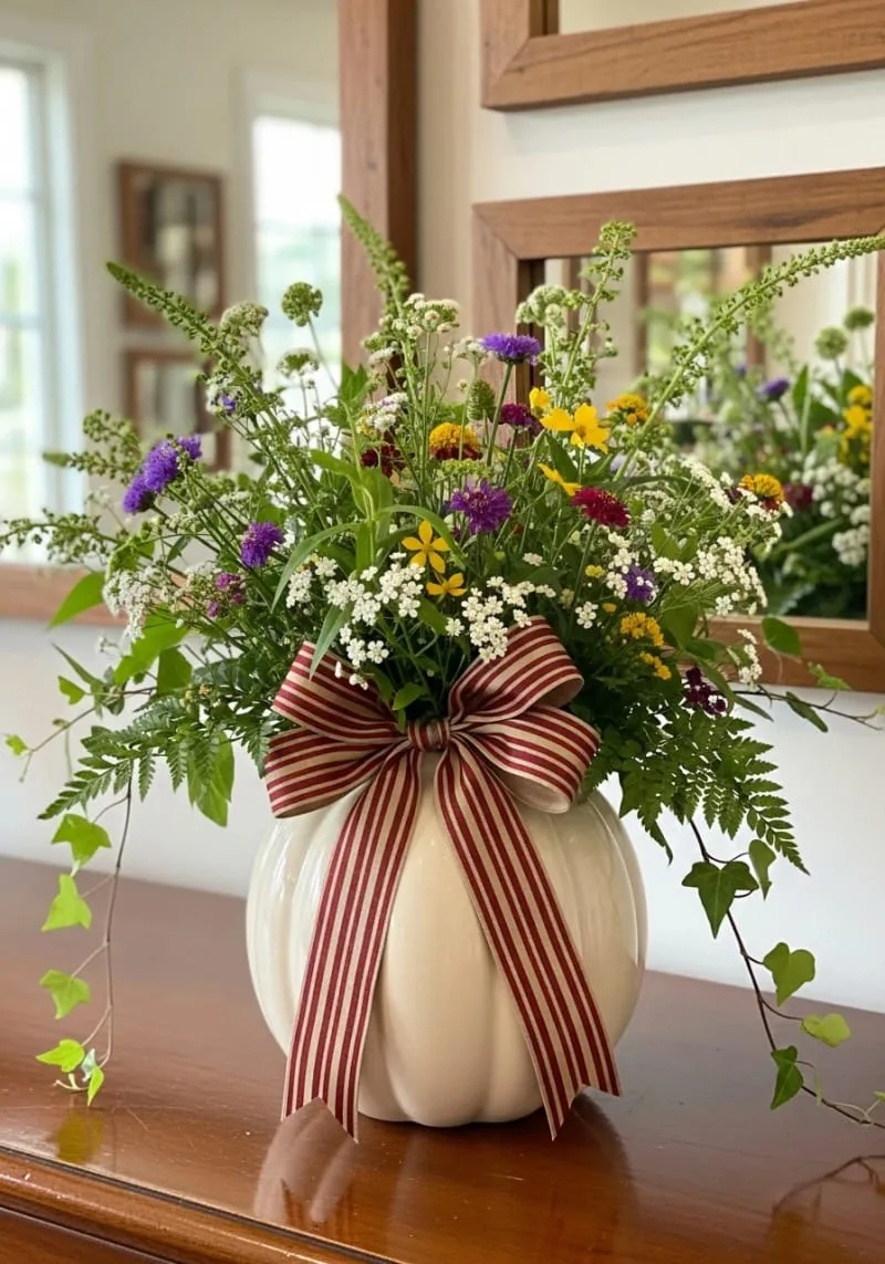 pumpkin-shaped ceramic vases filled with wildflowers and ferns 1