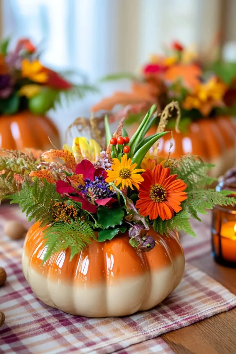 pumpkin-shaped ceramic vases filled with wildflowers and ferns 1