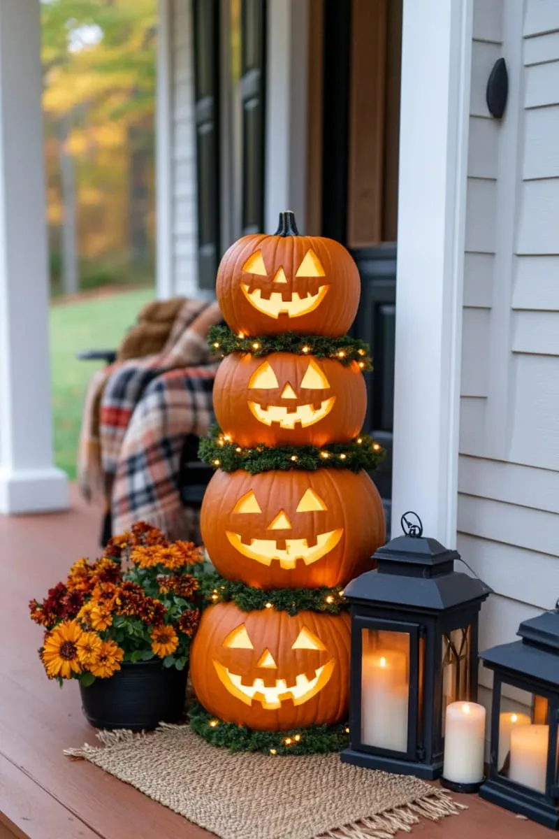 21 Halloween Porch Decorations: Ideas For A Unique Festive Entryway 25 pumpkin topiary tower with carved faces and fairy lights 1