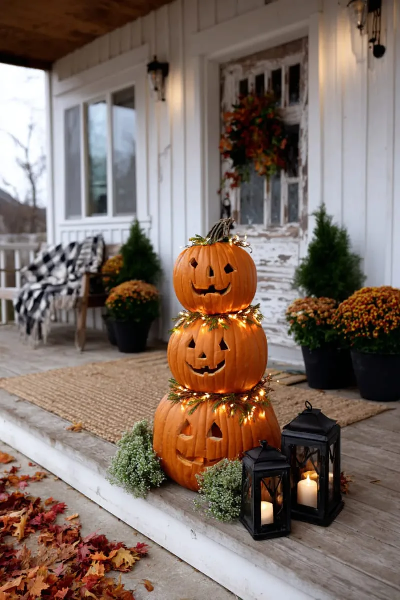 21 Halloween Porch Decorations: Ideas For A Unique Festive Entryway 26 pumpkin topiary tower with carved faces and fairy lights 1