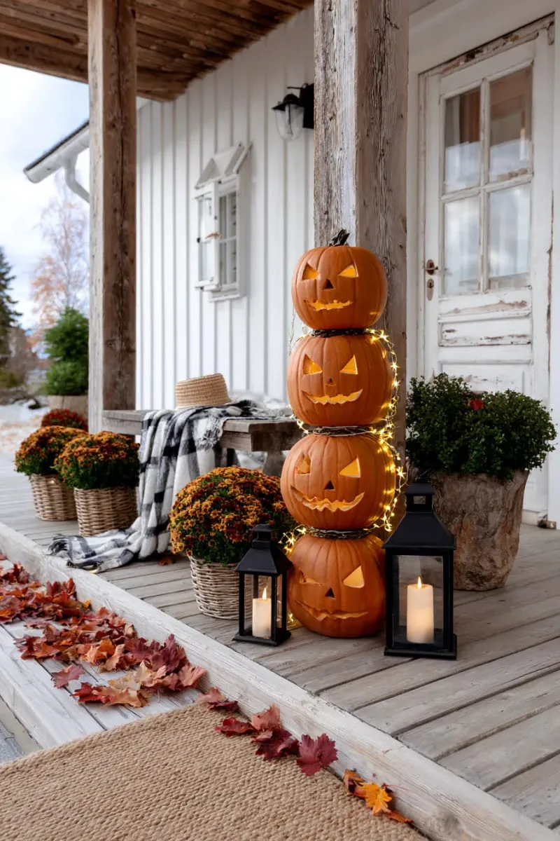 21 Halloween Porch Decorations: Ideas For A Unique Festive Entryway 27 pumpkin topiary tower with carved faces and fairy lights 1