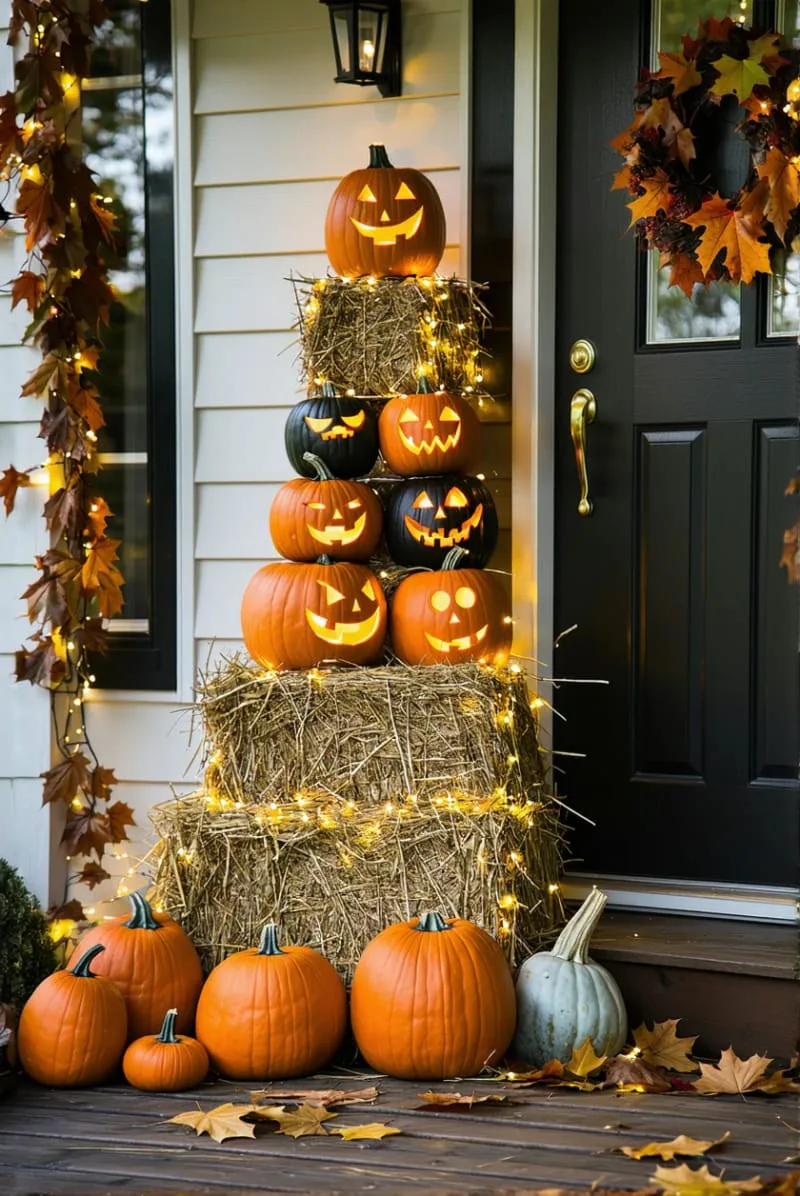 21 Unique Outdoor Halloween Decorations to Try This Year 21 pumpkin tower stacked on pre-lit hay bales for porch statement 1