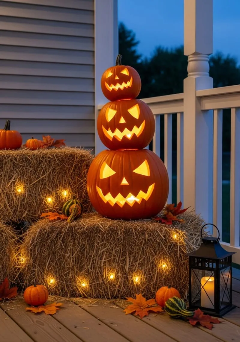 21 Unique Outdoor Halloween Decorations to Try This Year 24 pumpkin tower stacked on pre-lit hay bales for porch statement 1