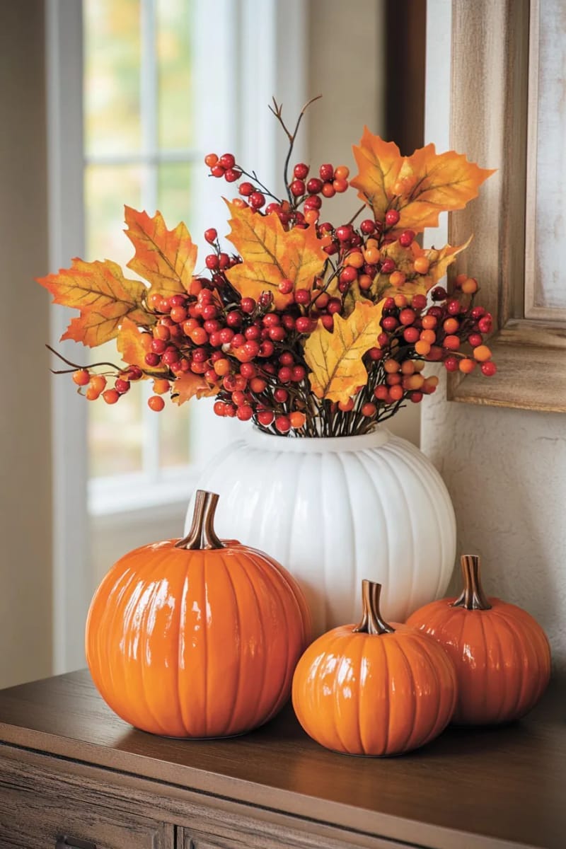 pumpkin vases overflowing with artificial fall leaves and berries 1