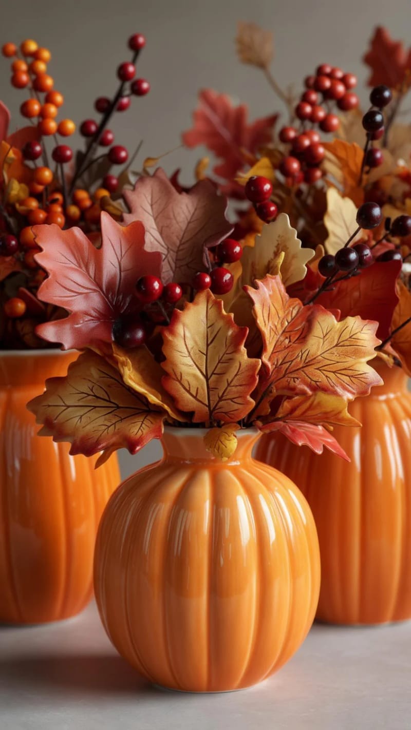 pumpkin vases overflowing with artificial fall leaves and berries 1