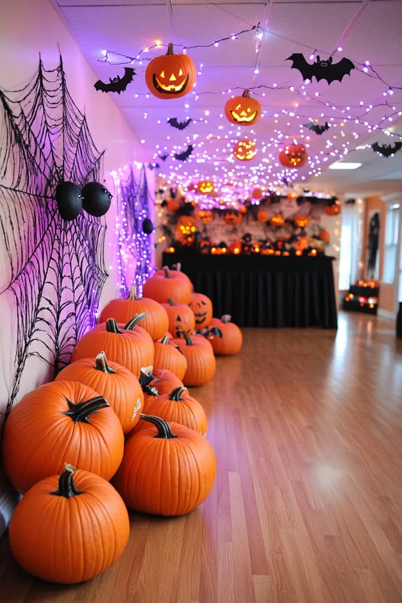 21 Elegant Indoor Halloween Decor Ideas for Modern Spaces 38 purple string lights illuminating rooms with pumpkin clusters. 1