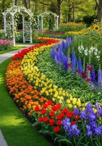 rainbow-striped flower rows with dramatic height variations for visual depth 8