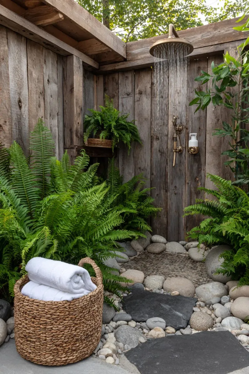 rainfall showerhead mounted on reclaimed barn wood with lush ferns 1