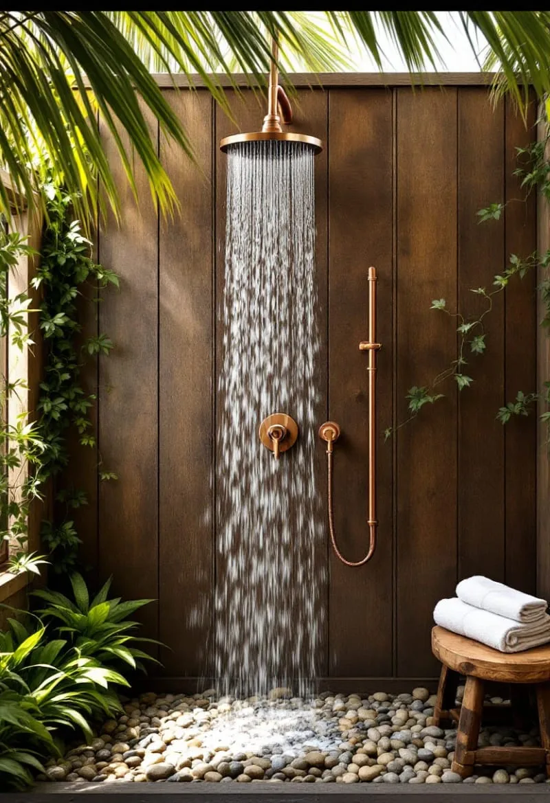 rainfall showerhead mounted on reclaimed barn wood with lush ferns 1