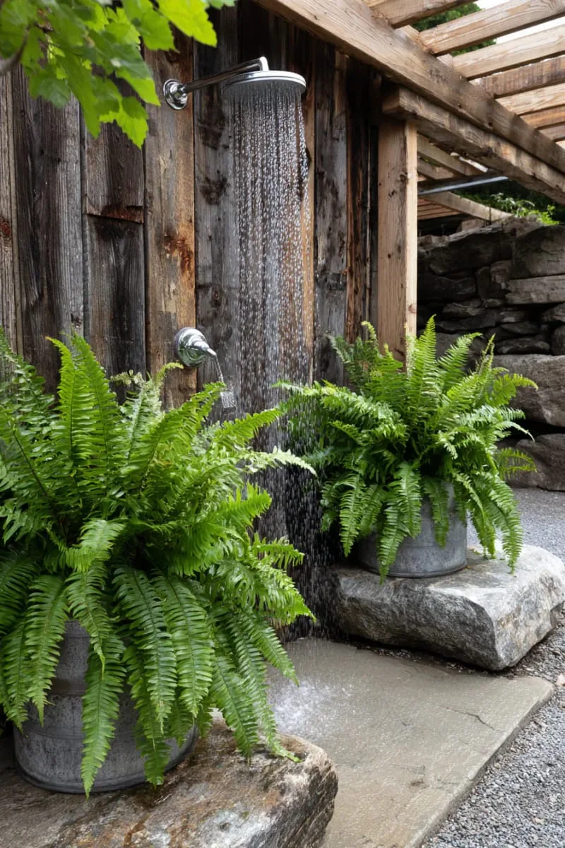 rainfall showerhead mounted on reclaimed barn wood with lush ferns 1