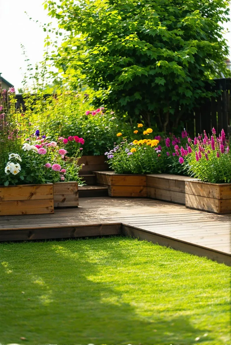 27 New Small Backyard Designs to Copy For Your Outdoor Space 19 raised deck with built-in bench planters overflowing with wildflowers 1