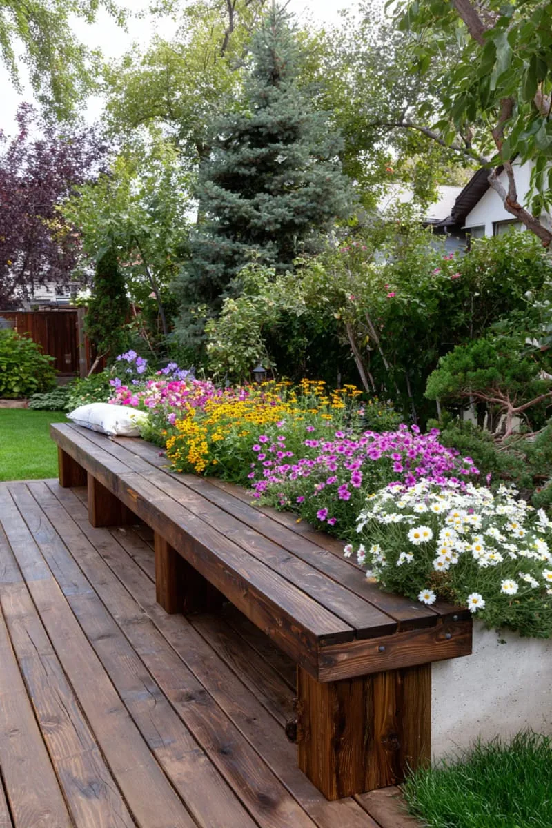 27 New Small Backyard Designs to Copy For Your Outdoor Space 20 raised deck with built-in bench planters overflowing with wildflowers 1