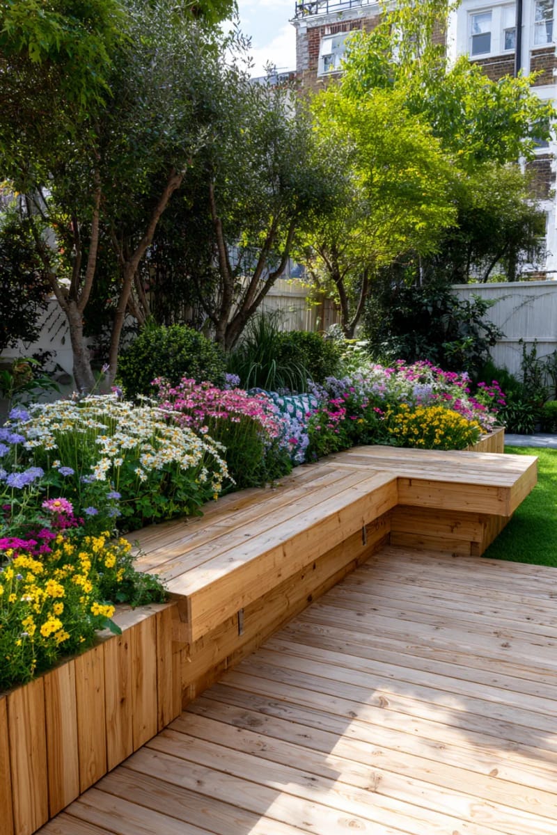 raised deck with built-in bench planters overflowing with wildflowers 1