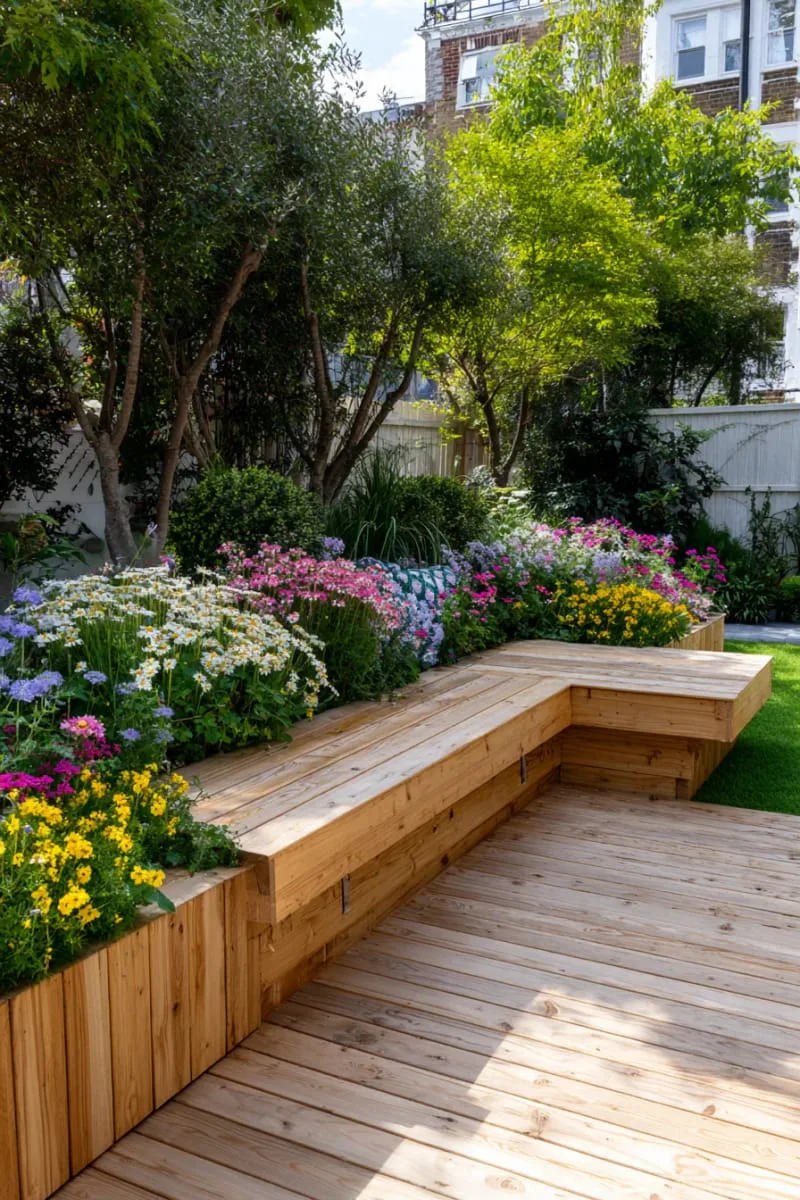 27 New Small Backyard Designs to Copy For Your Outdoor Space 21 raised deck with built-in bench planters overflowing with wildflowers 1