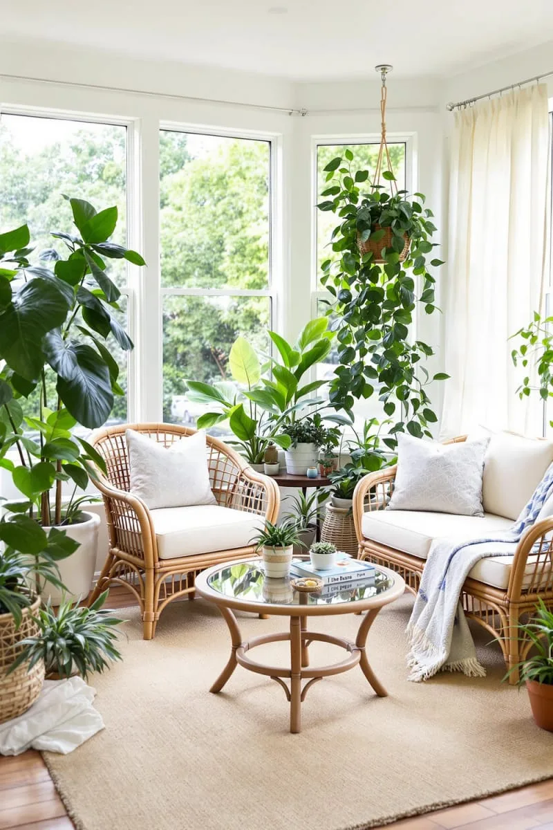 19 Small Sunroom Ideas to Brighten Small Spaces 3 rattan furniture and layered plants for a cozy small sunroom retreat 1