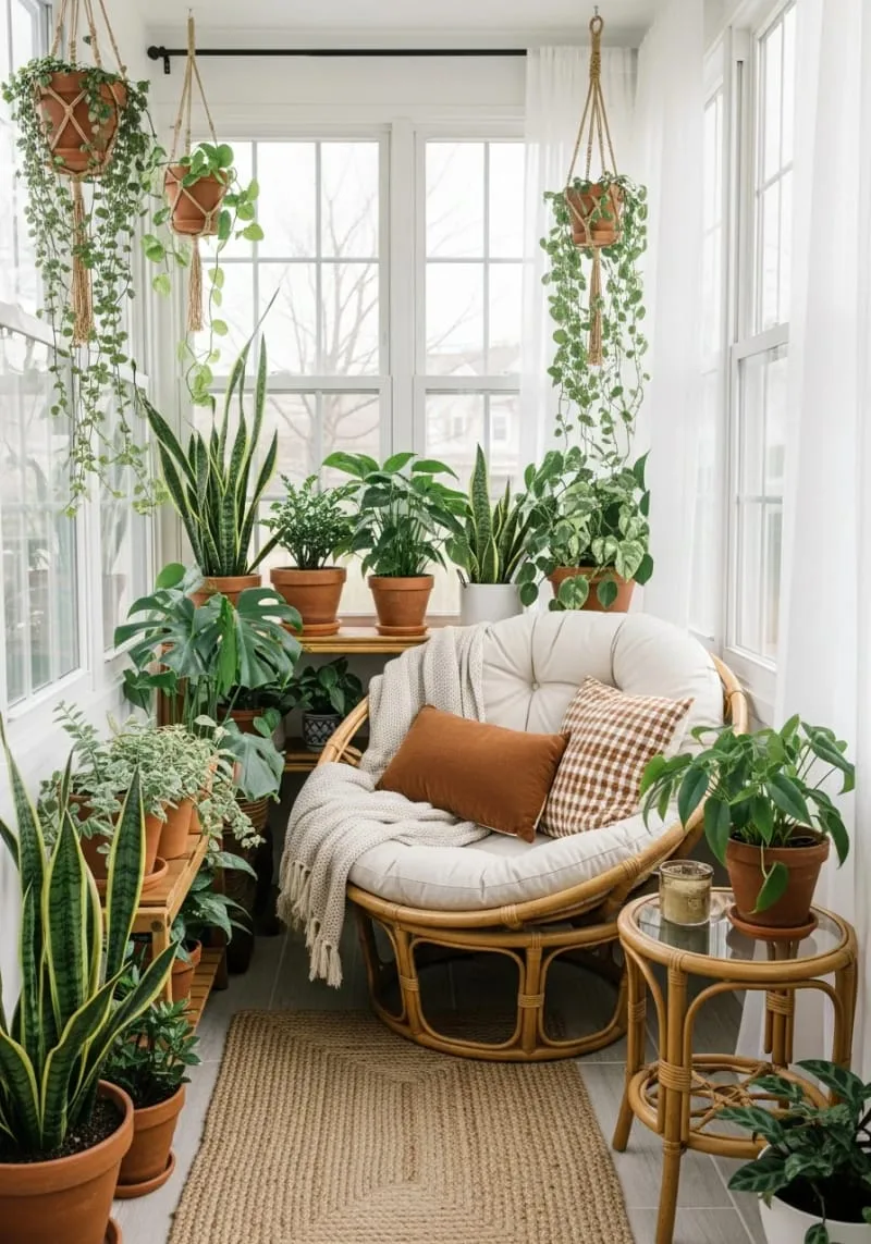 19 Small Sunroom Ideas to Brighten Small Spaces 4 rattan furniture and layered plants for a cozy small sunroom retreat 1