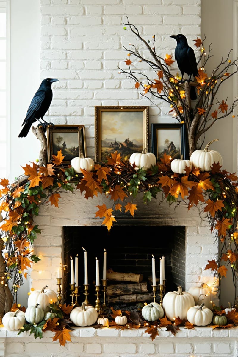 realistic faux ravens perched among autumn garlands and white pumpkins 1