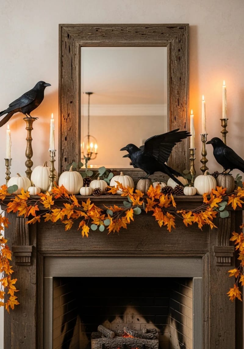 realistic faux ravens perched among autumn garlands and white pumpkins 1