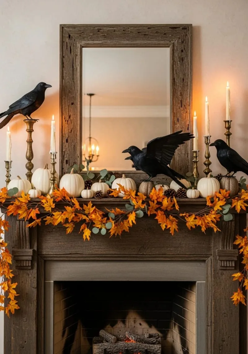 realistic faux ravens perched among autumn garlands and white pumpkins 1