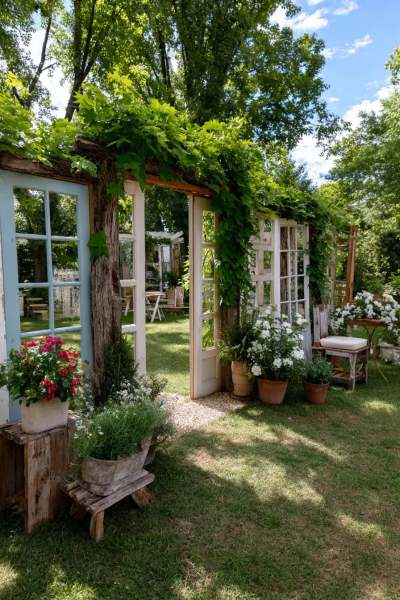 27 Unique Backyard Privacy Designs for A Serene Outdoor Oasis 61 reclaimed windows converted to a charming garden divider 1