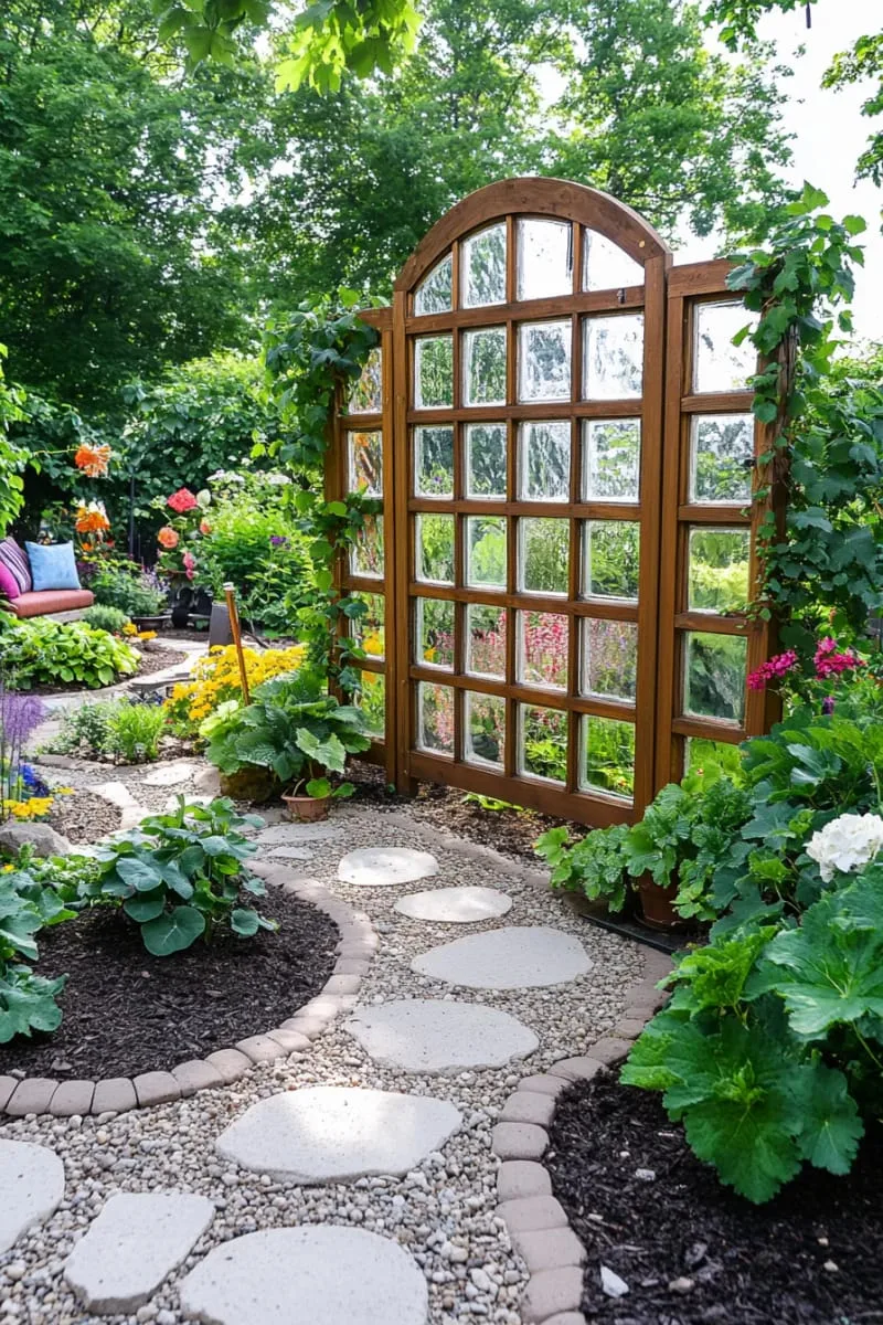 27 Unique Backyard Privacy Designs for A Serene Outdoor Oasis 62 reclaimed windows converted to a charming garden divider 1