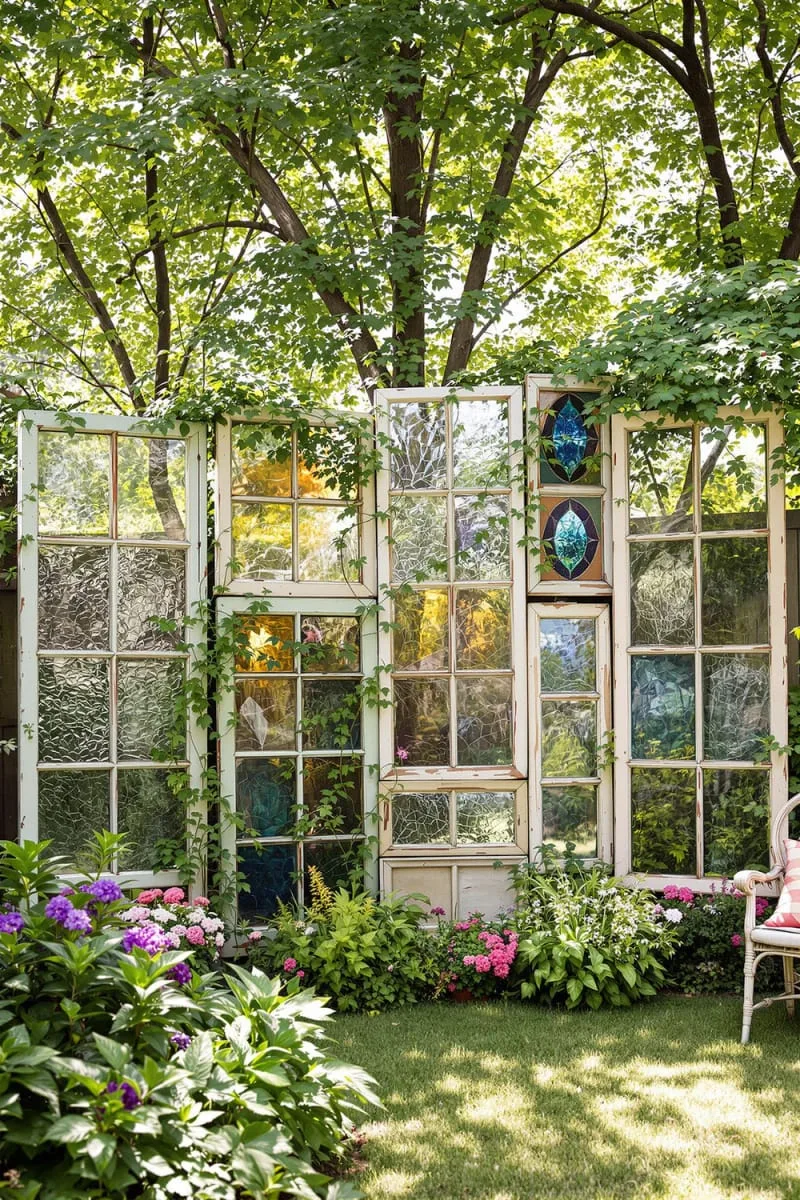 27 Unique Backyard Privacy Designs for A Serene Outdoor Oasis 63 reclaimed windows converted to a charming garden divider 1