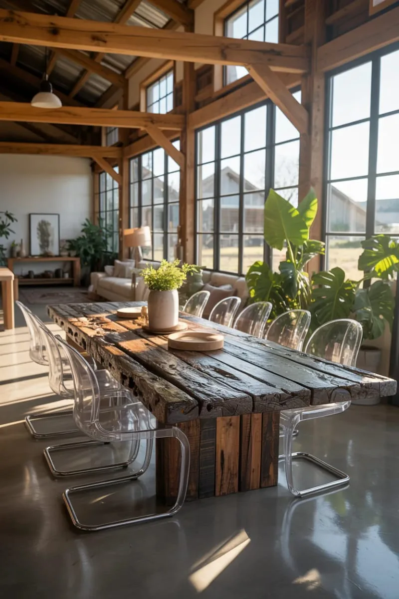 29 Unique Barndominium Interiors For Your Next Makeover 74 reclaimed wood dining table paired with contemporary acrylic chairs 1