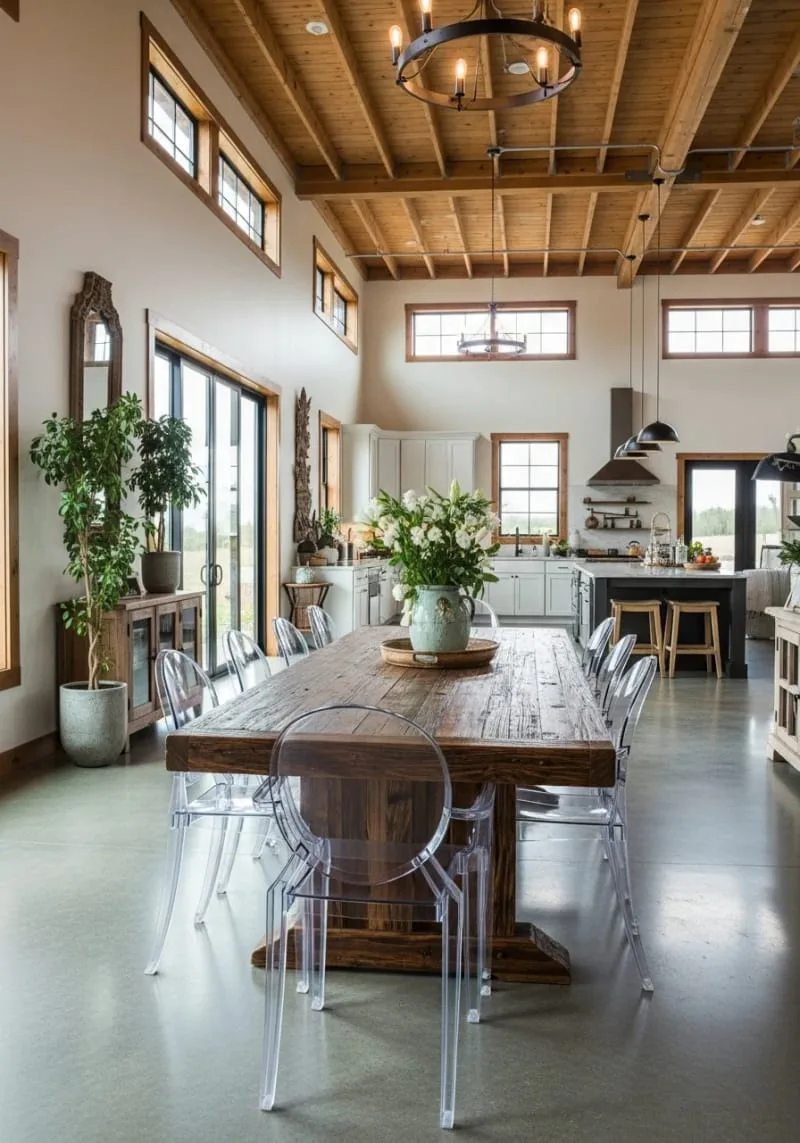 29 Unique Barndominium Interiors For Your Next Makeover 75 reclaimed wood dining table paired with contemporary acrylic chairs 1