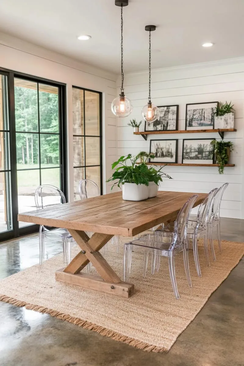 29 Unique Barndominium Interiors For Your Next Makeover 76 reclaimed wood dining table paired with contemporary acrylic chairs 1