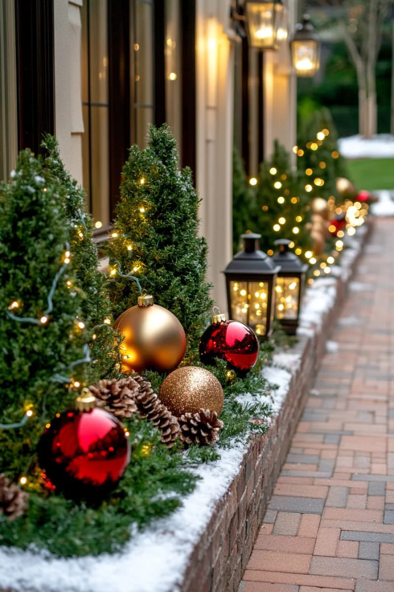 31 Outdoor Christmas Decorations: Ideas for a Magical Welcome 66 red and gold ornament clusters nestled in shrubbery 1