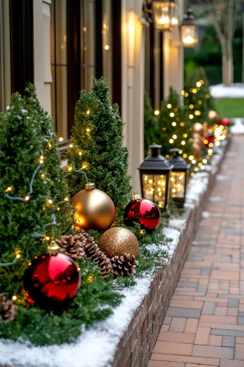 red and gold ornament clusters nestled in shrubbery 1