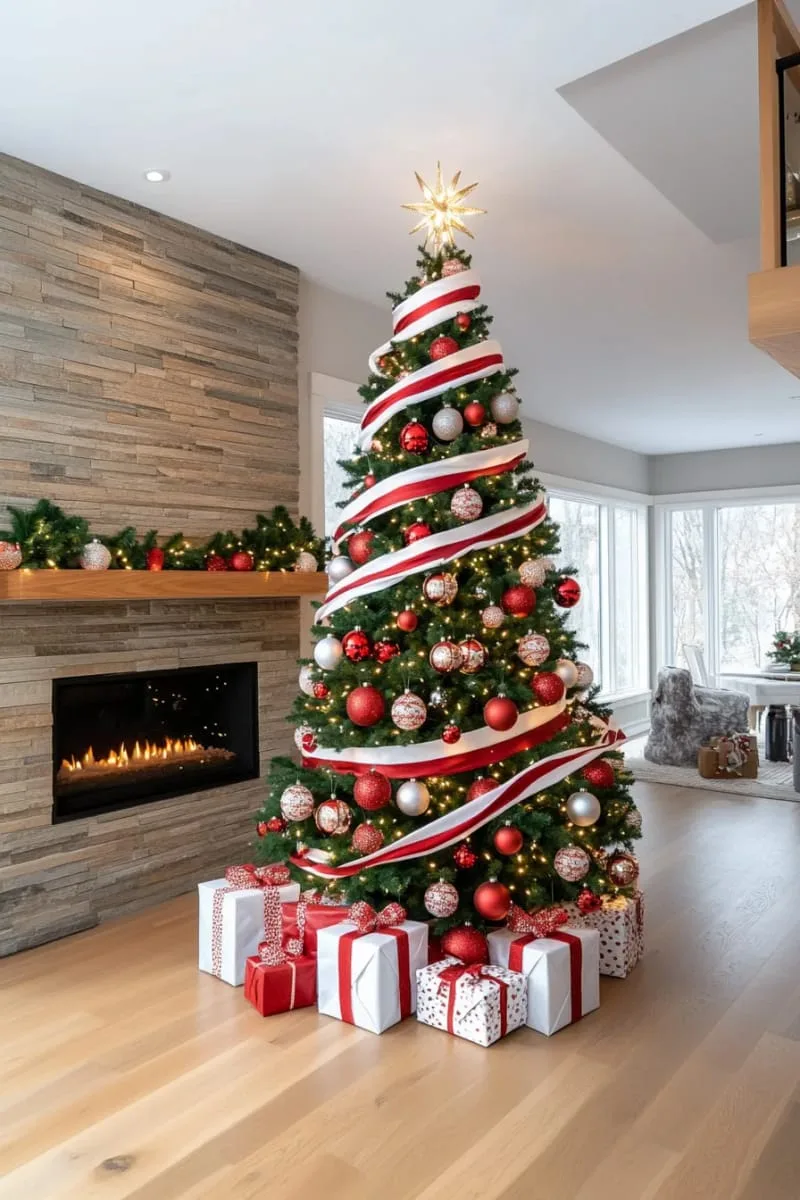 31 Dreamy Christmas Tree Decorations for a Unique Festive Touch 18 red and white candy cane stripes spiraling around the tree 1