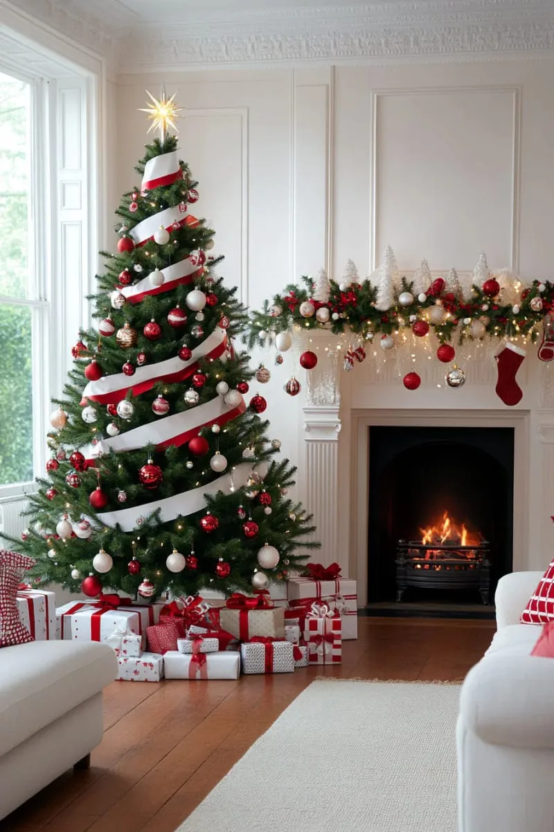 31 Dreamy Christmas Tree Decorations for a Unique Festive Touch 19 red and white candy cane stripes spiraling around the tree 1