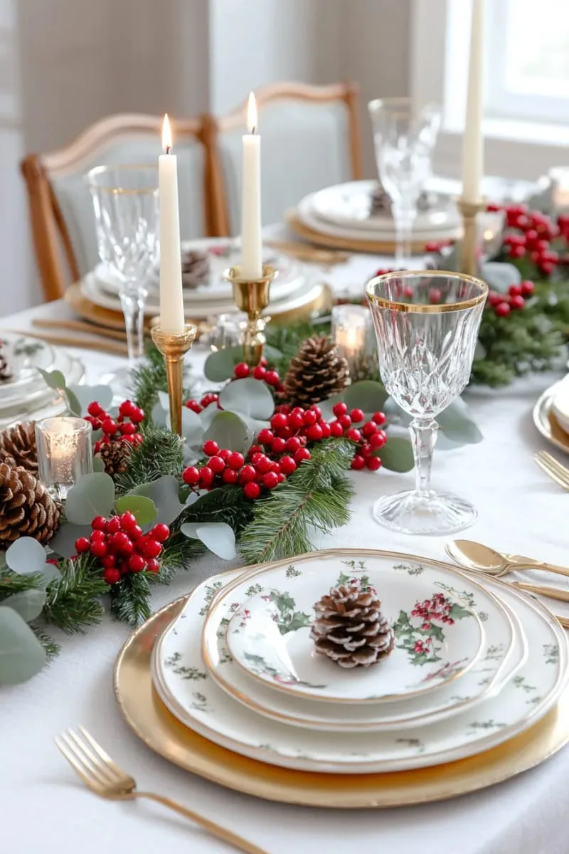 red berries intertwined with eucalyptus on a holiday dining table 1