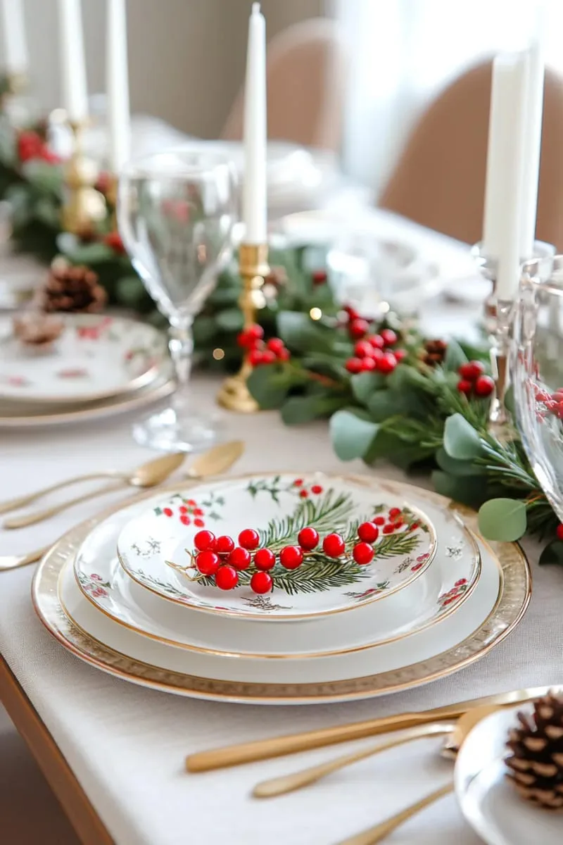 red berries intertwined with eucalyptus on a holiday dining table 1