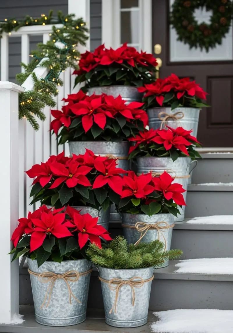 red poinsettias in galvanized buckets for rustic winter charm 1