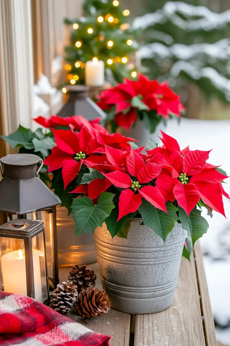 red poinsettias in galvanized buckets for rustic winter charm 1