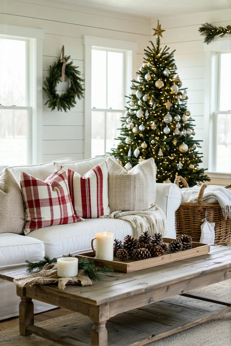 red ticking stripe pillows mixed with neutral throws on a slipcovered couch 1